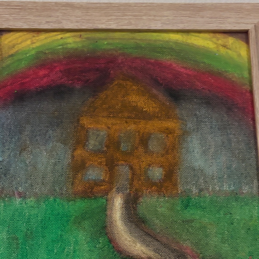 Original Pastel Painting by Local Child Artist Wooden Frame, “Rainbow House” - Picture 2 of 3